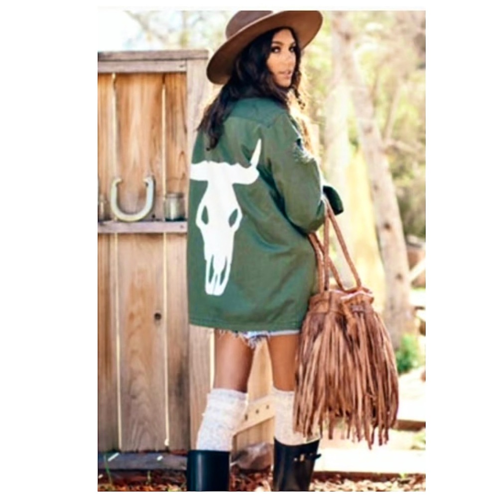Show Me Your Mumu Army green olive Bull skull horn jacket shirt Size S boho